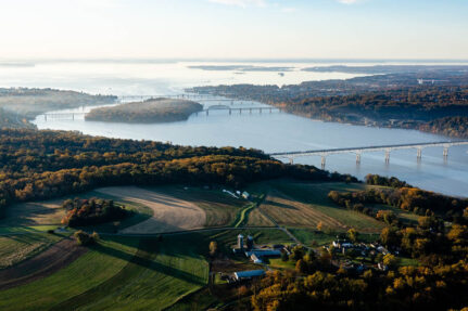 An aerial photo of the Susquehanna River flowing toward the Chesapeake Bay