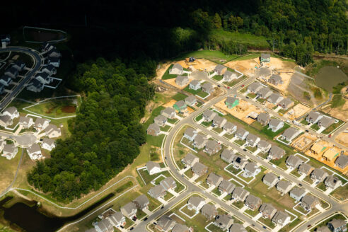 Aerial view of suburban houses with trees inbetween developments.