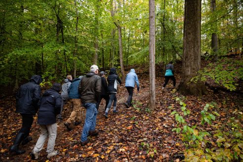 Hikers walk along a wet trail in the woods.