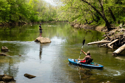 Two kayakers paddle down a forested river