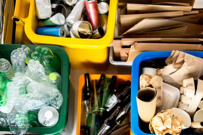 Several recycling containers for glass, pastic, and paper.