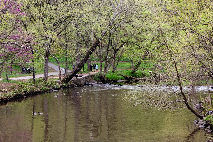 Pedestrians walk by Rock Creek in a park.