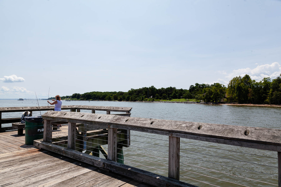 A woman is shown fishing off the end of a pier with view of a shoreline in the background