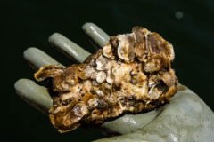 Small image of A gloved human hand holds an eastern oyster that is covered in more than a dozen smaller, baby oysters.