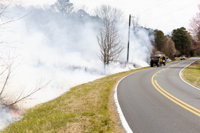 Smoke drifts away from an empty roadway