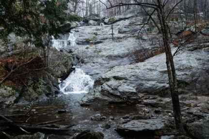 A photo of an icy waterfall against a gray rocky cliff face.