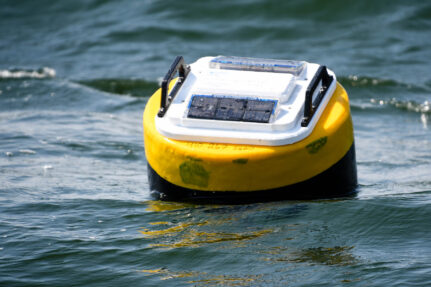 A short yellow buoy floats in dark open water.