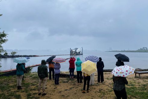 Group of people stand on a beach facing the water holding umbrellas.