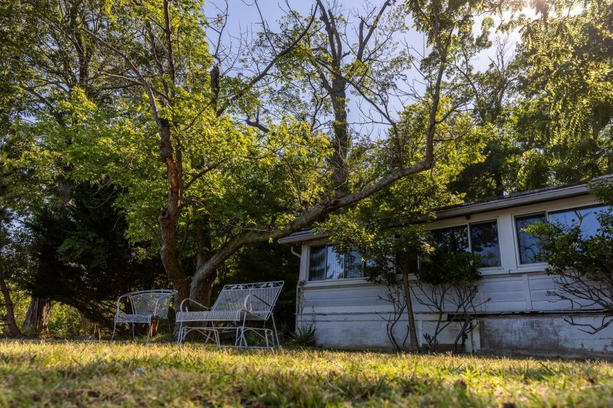 An overgrown house is surrounded by trees and lawn.