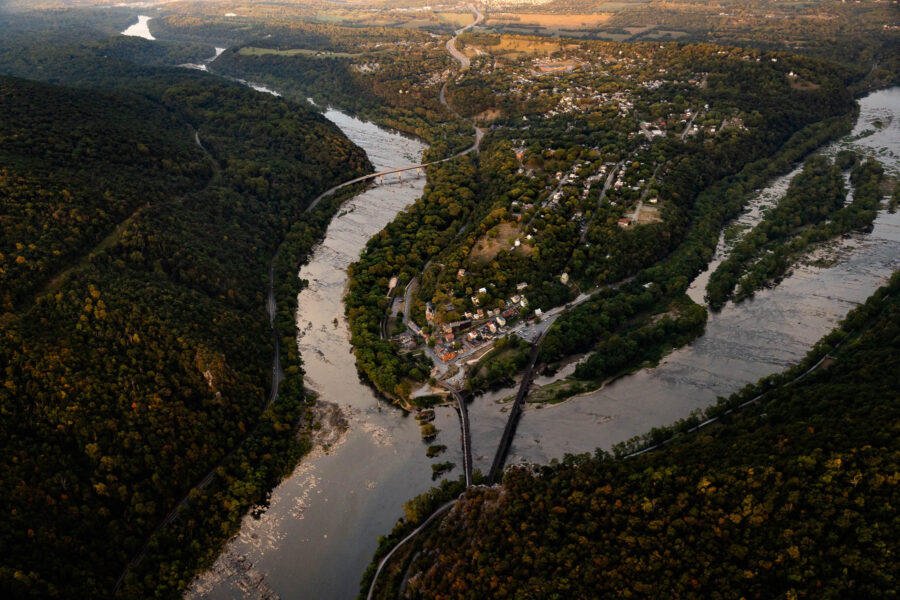 Two rivers join to form one below Harpers Ferry seen from above