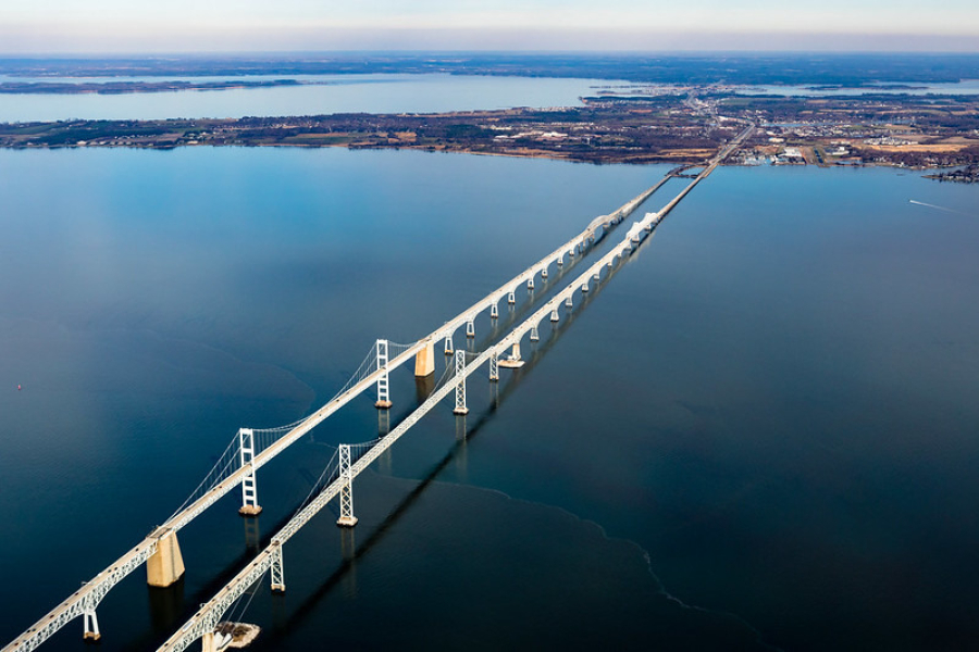 An aerial view of the Gov. William Preston Lane, Jr. Memorial Bridge spanning the Chesapeake Bay.