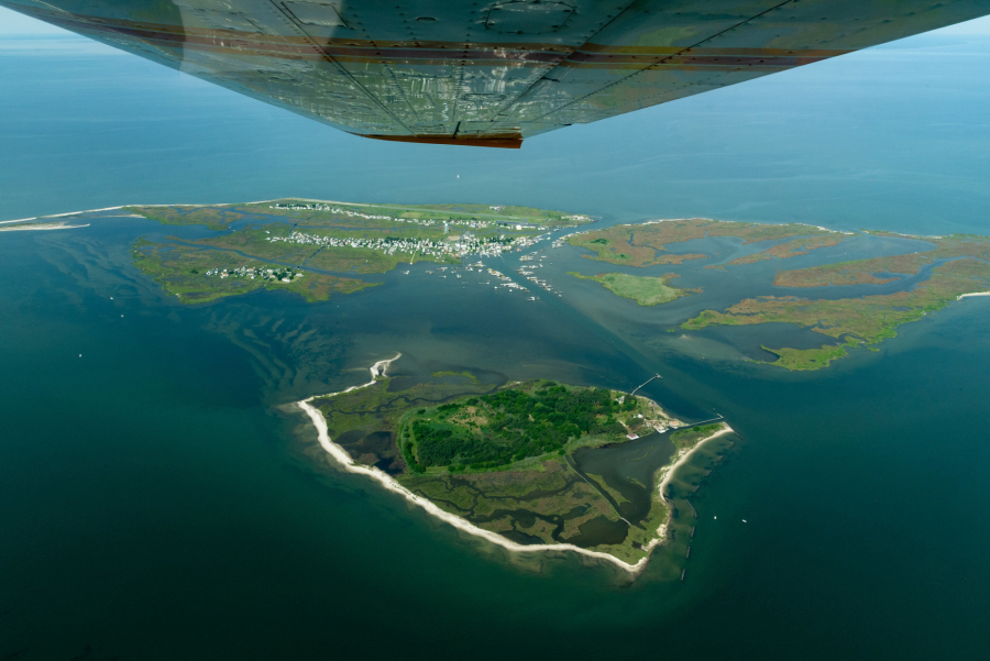 Aerial view of a small island on the Chesapeake Bay.