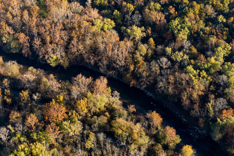 An aerial view of forested land bisected by a river in Susquehanna State Park.