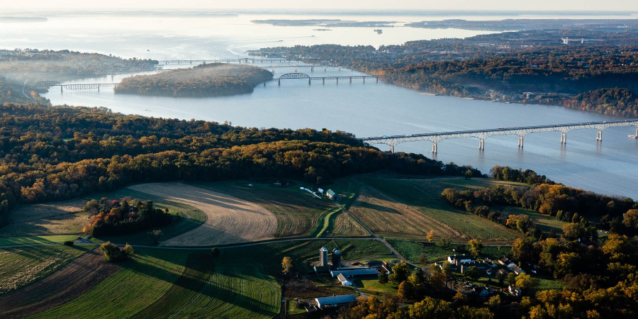 An aerial view of the Susquehanna River as it winds through farmland and empties into the Chesapeake Bay.