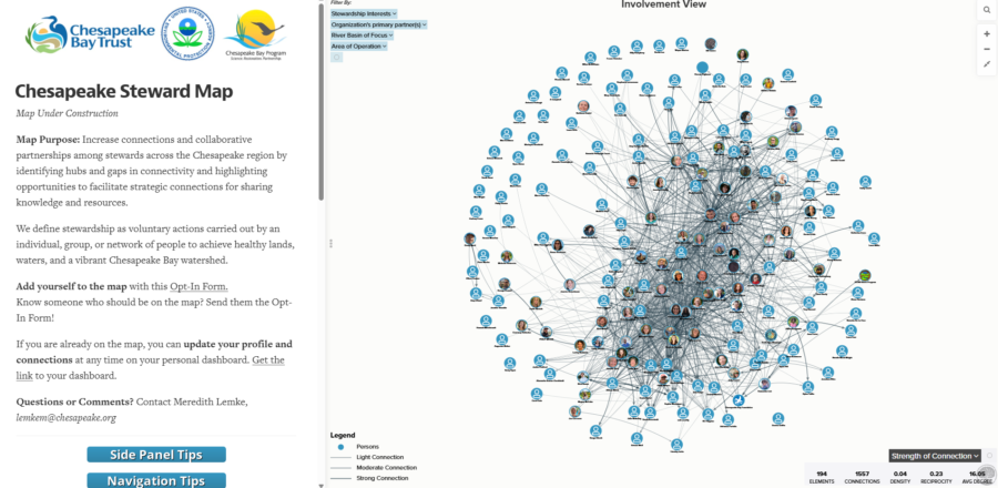 A screenshot of the Chesapeake Steward Map tool shows text describing the tool in a side-panel to the left and a series of circles of user profiles connected by lines to the right.