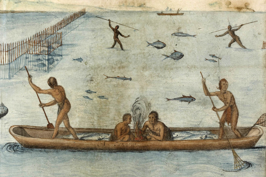 16th century illustration of fishing techniques used by Chesapeake tribes