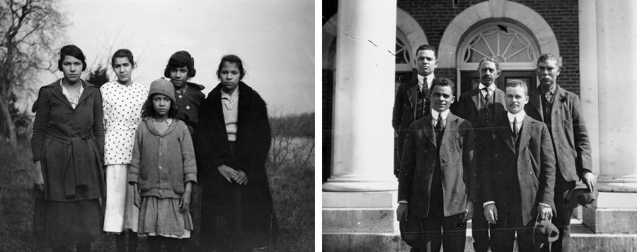 Left, young women stand outside in early 20th century clothes; right, men in suits stand on courthouse steps.