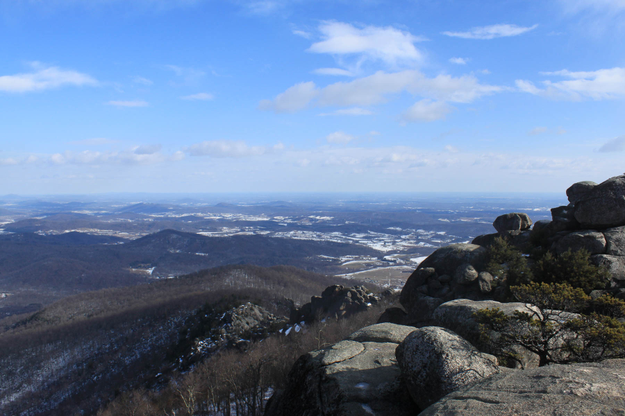 A photo of snow-capped hills from a distance.