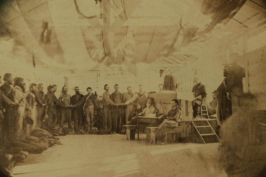 Confederate Army prisoners gathered in the Point Lookout prison camp.