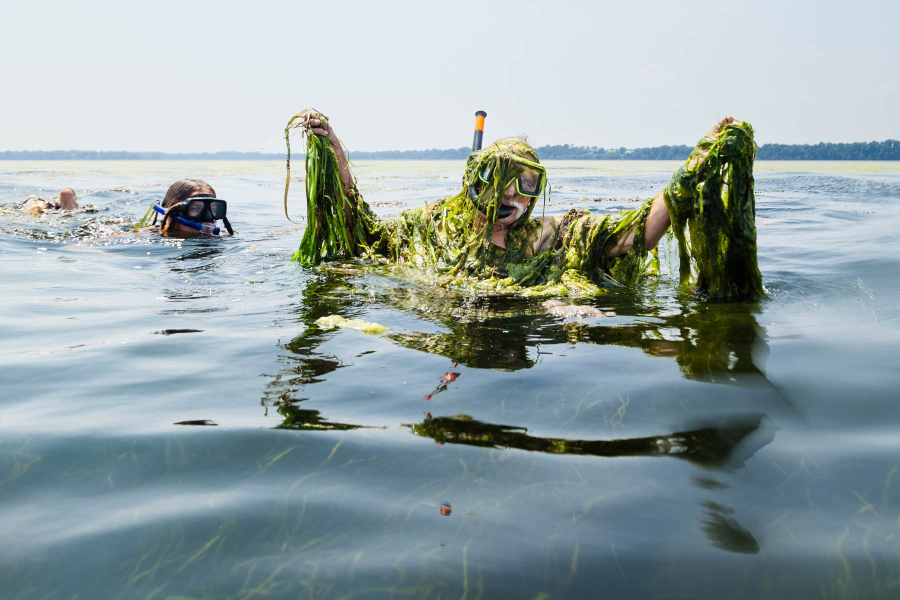 A man wearing a snorkel mask stands chest-deep in a river, his head, arms and torso draped in healthy underwater grasses.