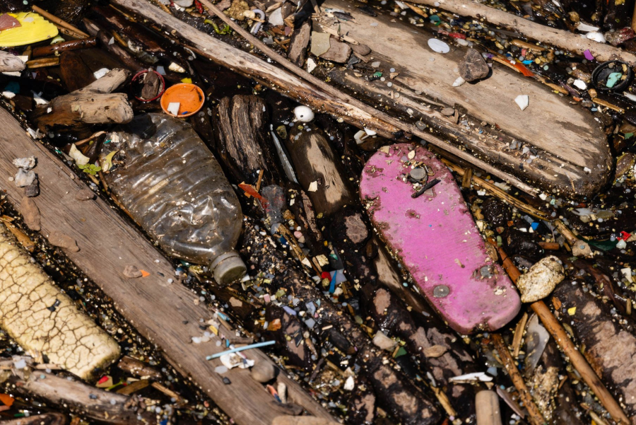 A flip-flop, water bottle and other tiny bits of trash mix with floating woody debris.