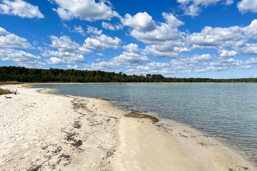 White sand beaches, blue skies.