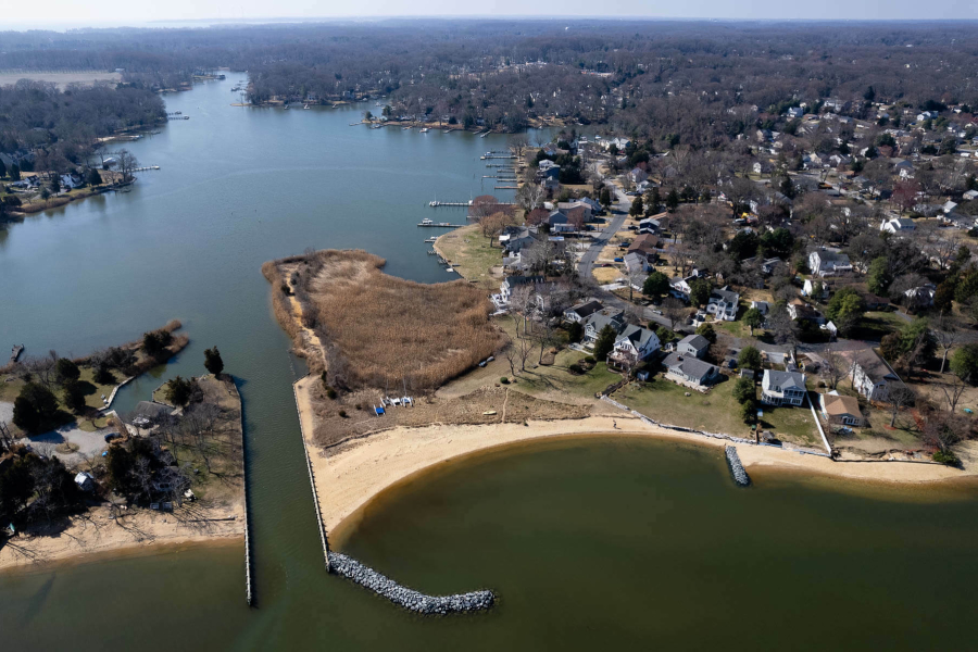 Recently completed living shorelines along the main beach, seen above, and elsewhere in Cape St. Claire, protect recreation areas while adding environmental benefits.