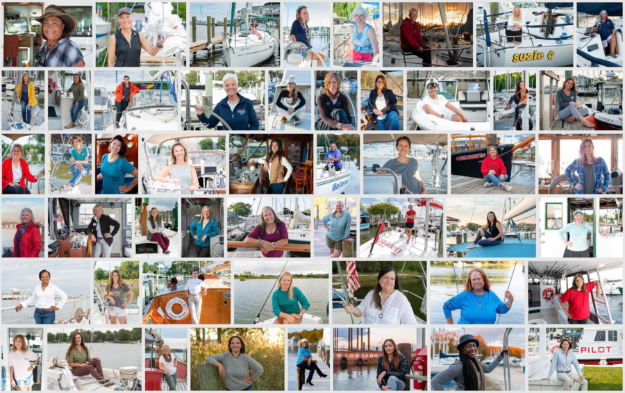 A collage of the portraits of 51 female boat captains.