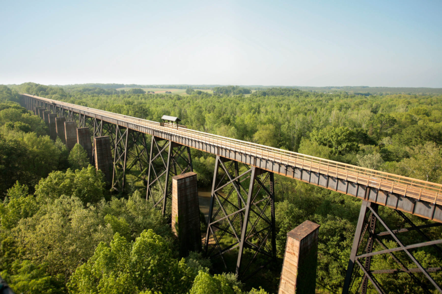 An elevated former railroad line stretches to the horizon above a forest canopy.