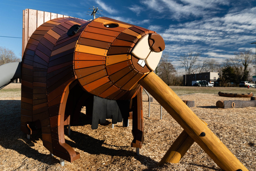 A beaver-shaped play element stands tall in Tidewater Park