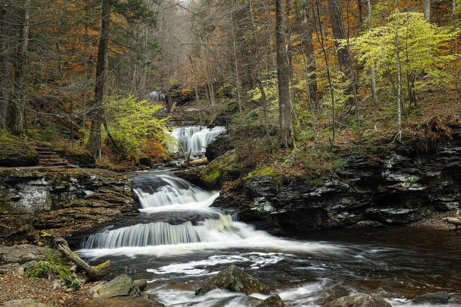 Waterfalls flow through the woods.