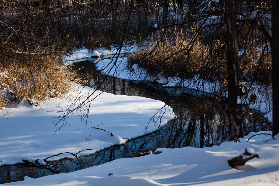 A stream flows through snowy banks.