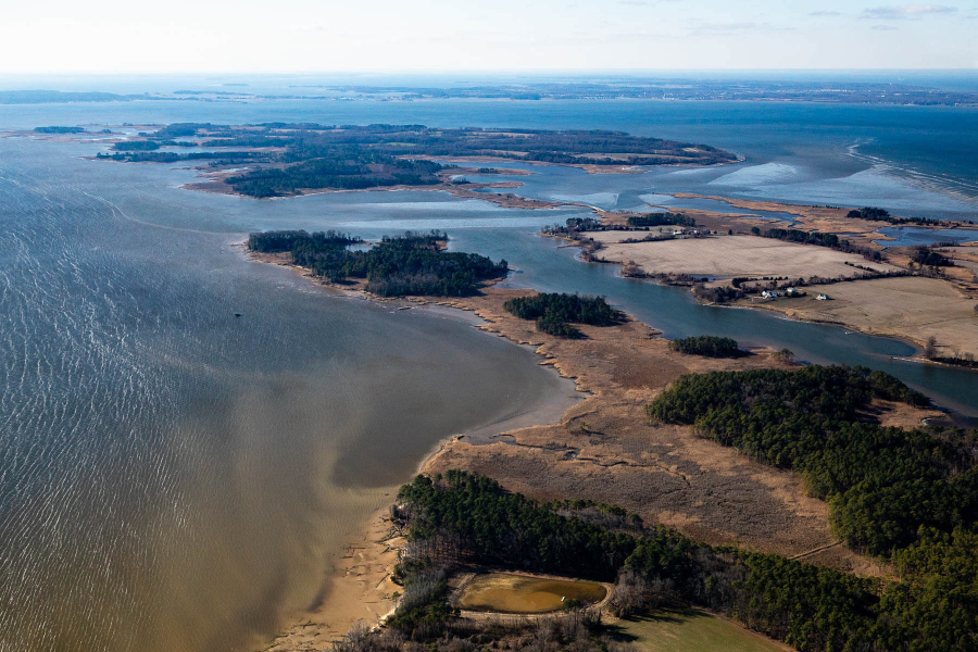 Aerial view of the Bay with land jutting out into it.