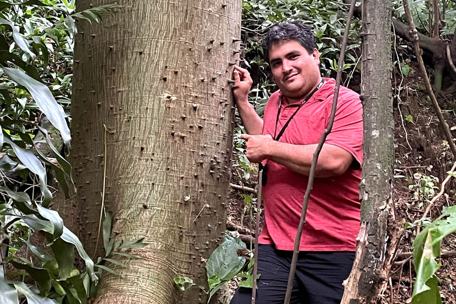 Jorge Bogantes Montero stands next to a large Kapok tree.