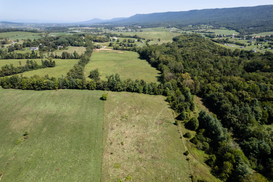 Aerial view of the farm and trees lining the sides.