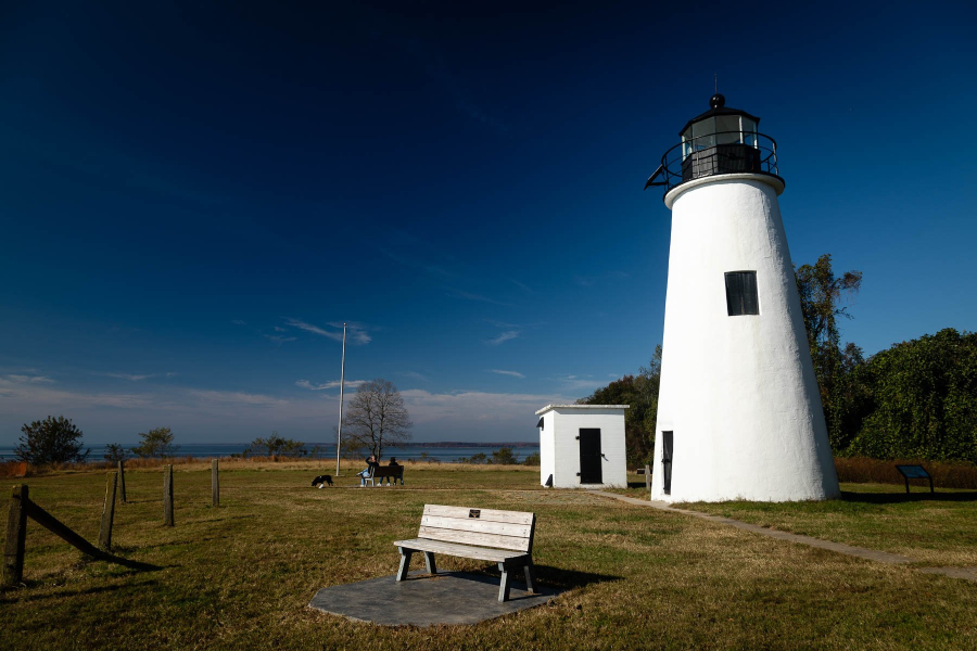 Turkey Point Lighthouse under a deep blue sky