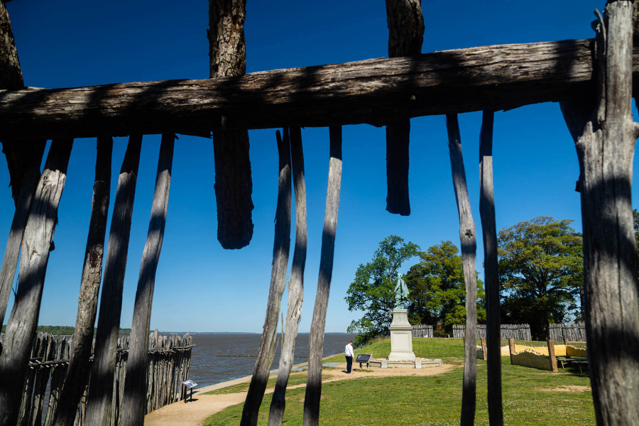 A wooden frame structure shows how the barracks were built at Jamestown Fort.