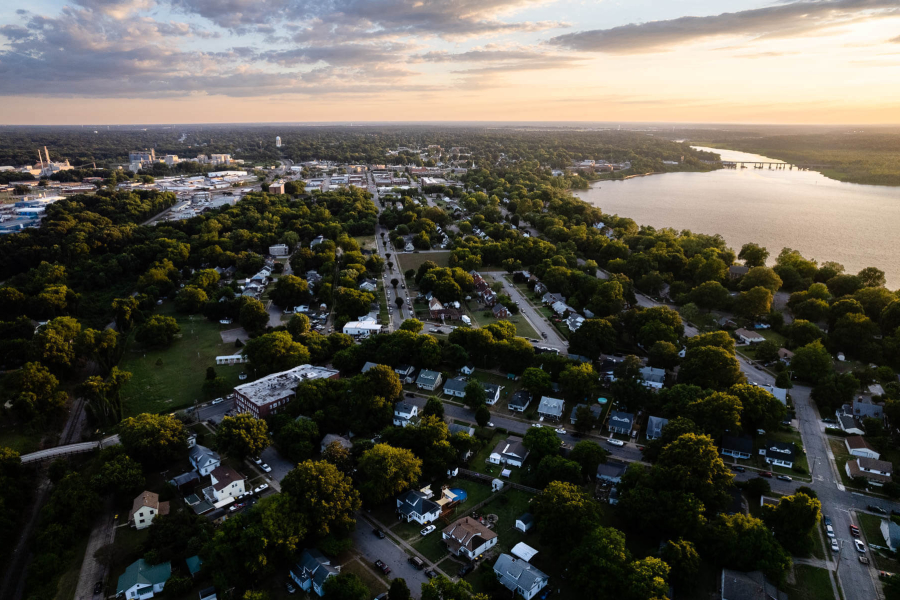 An aerial shot of Hopewell showing the water and the homes and businesses below.