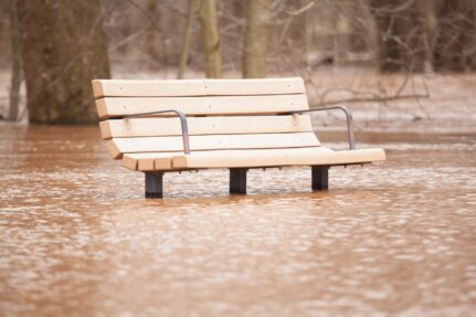 Flooding shows water rising up to the top of a park bench.