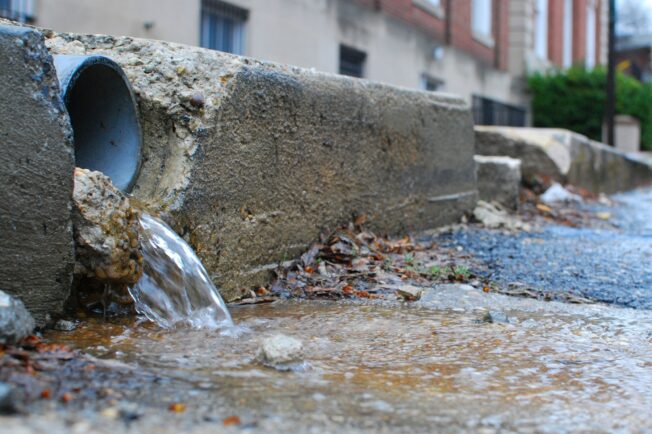 Storm drain sends water into a road, which will lead to the Bay.